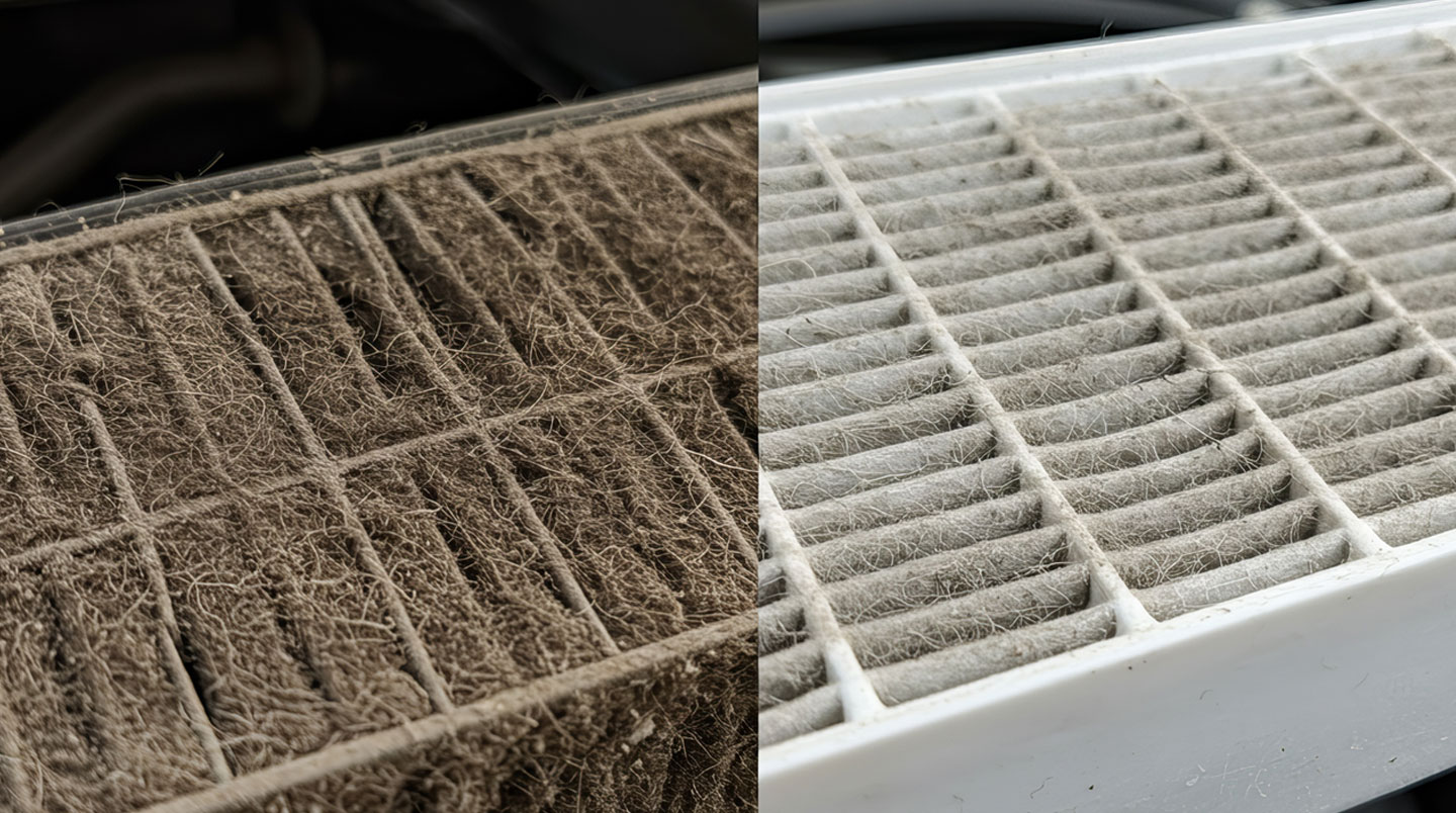 Comparaison côte à côte d'un filtre à manches industriel neuf et d'un filtre saturé de poussières métalliques grises