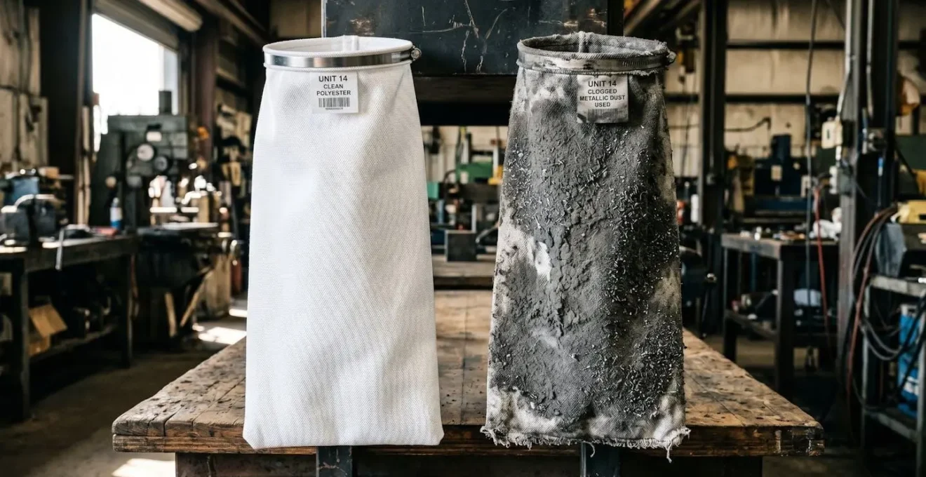Comparaison côte à côte d'un filtre à manches industriel neuf et d'un filtre saturé de poussières métalliques grises