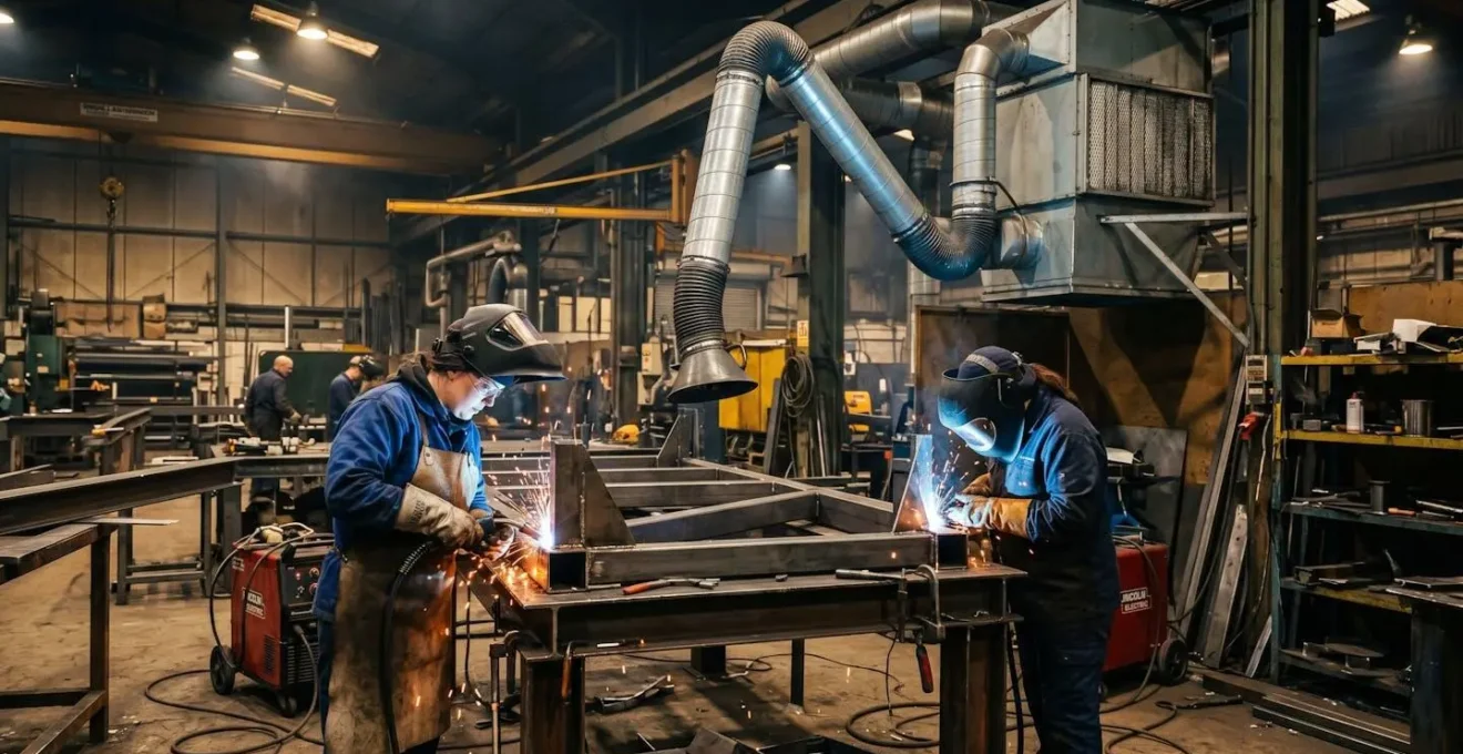 Deux opérateurs en atelier de soudure avec équipements de protection individuelle, système d'aspiration visible en arrière-plan