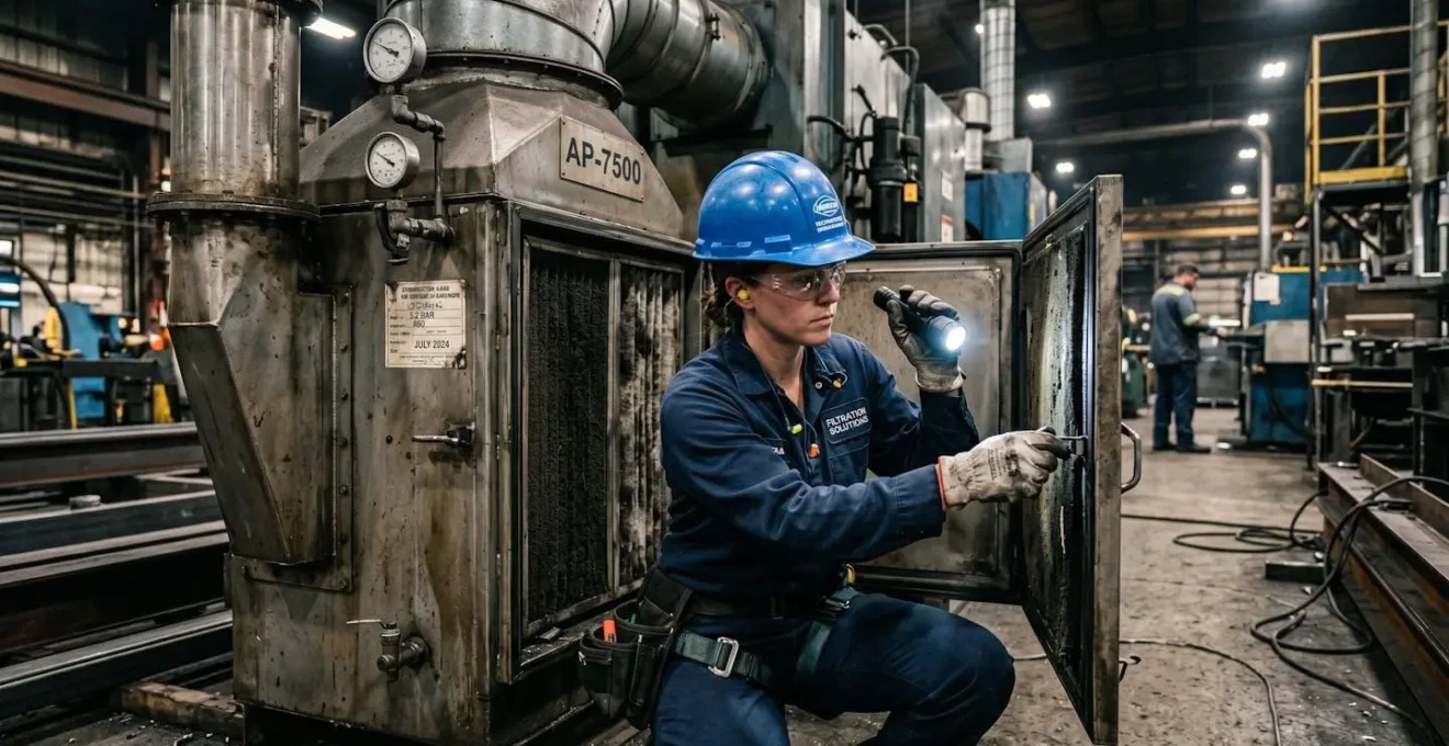 Technicien en tenue de protection inspectant un filtre industriel dans une usine de transformation metallurgique